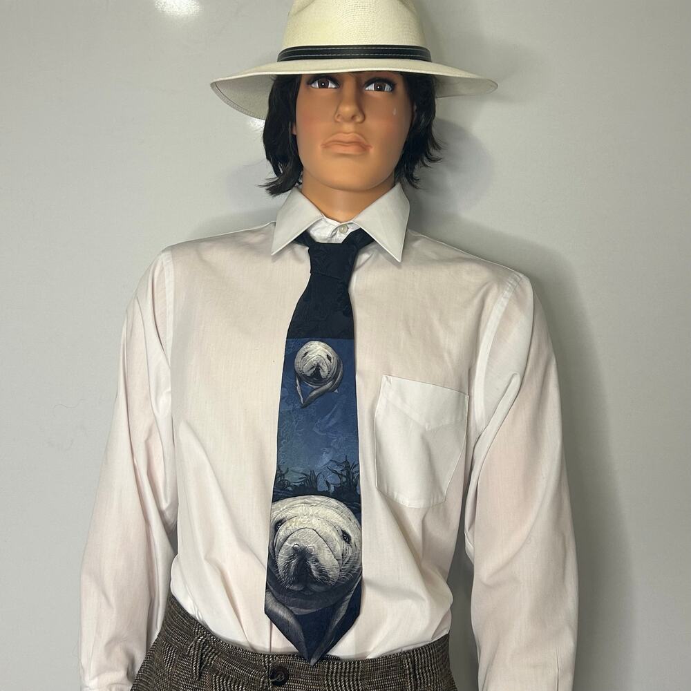 Florida Manatee Neck Tie Endangered Species Silk Blue Novelty Manatee Necktie